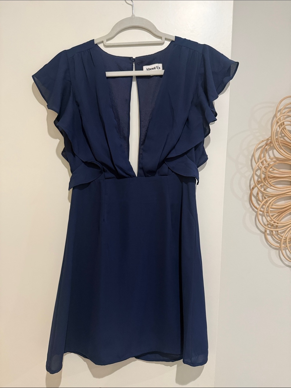 About Us Navy Flutter-Sleeve Mini Dress